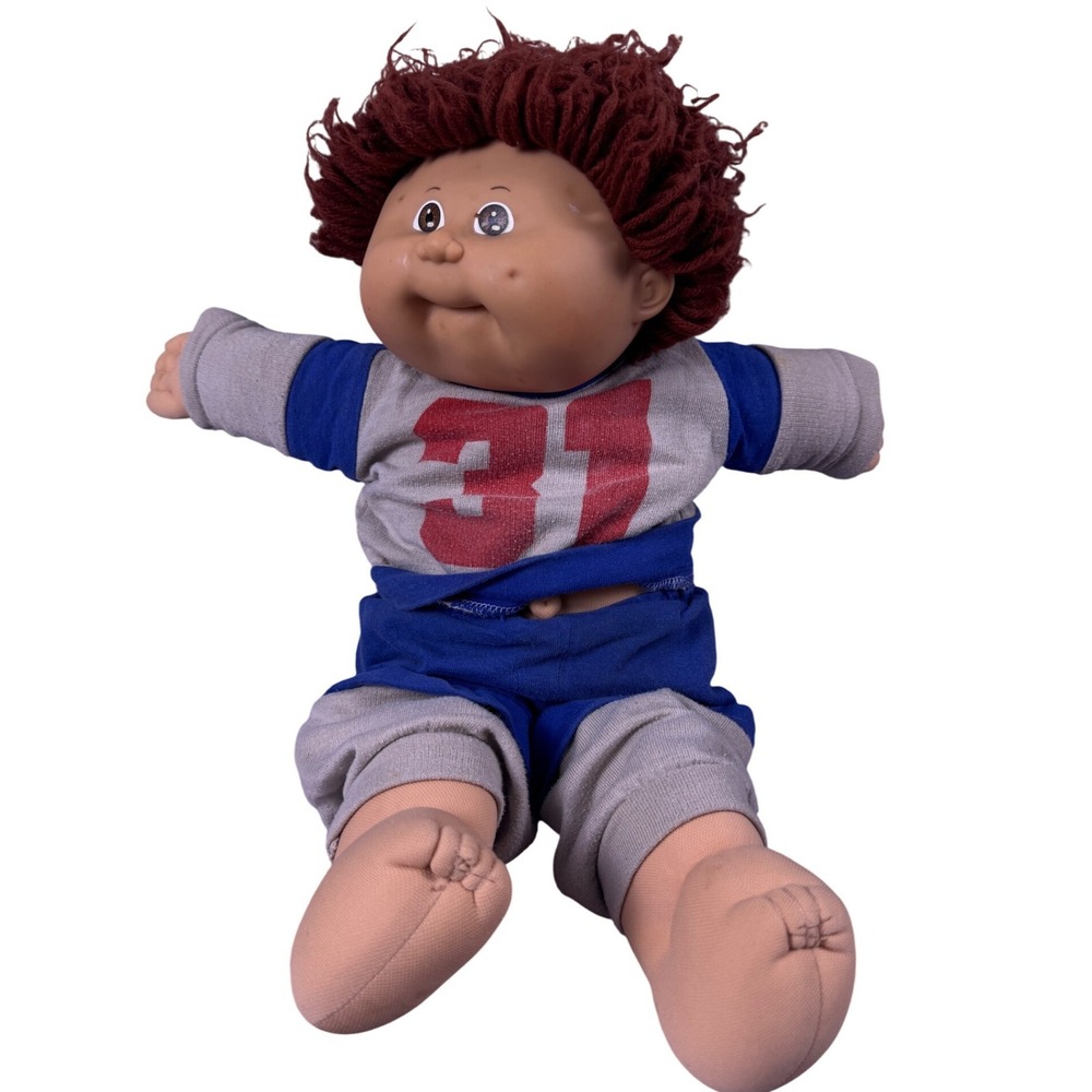 Vintage Cabbage Patch Kids Boy Doll Brown Yarn Hair Blue Grey 31 Outfit 1985